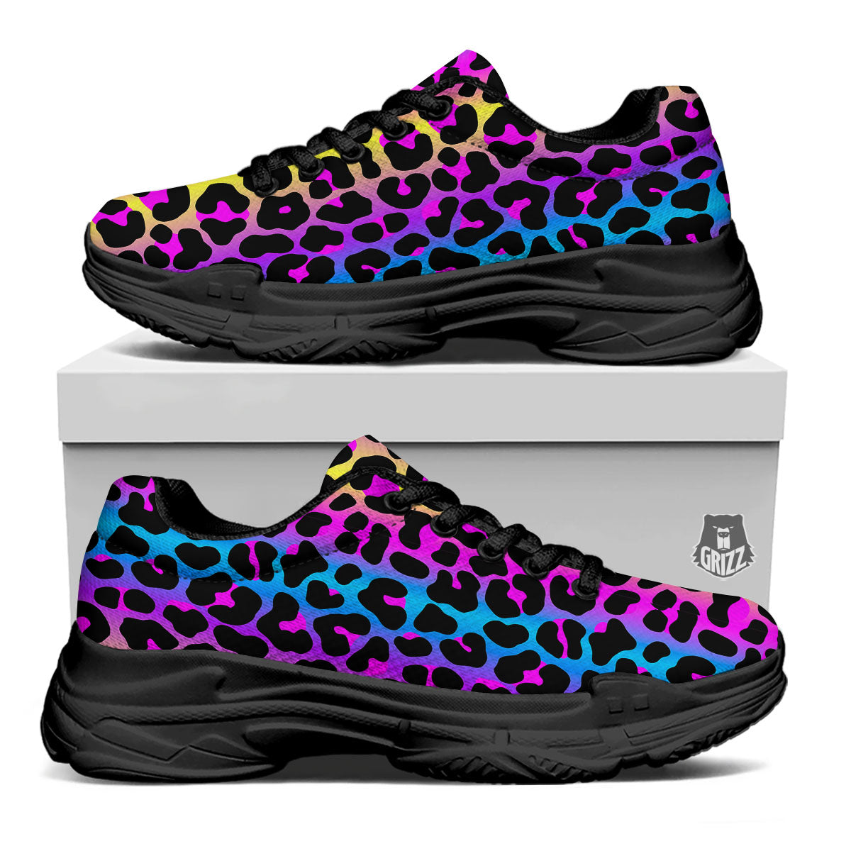 Leopard Rainbow Print Pattern Black Chunky Shoes-grizzshop