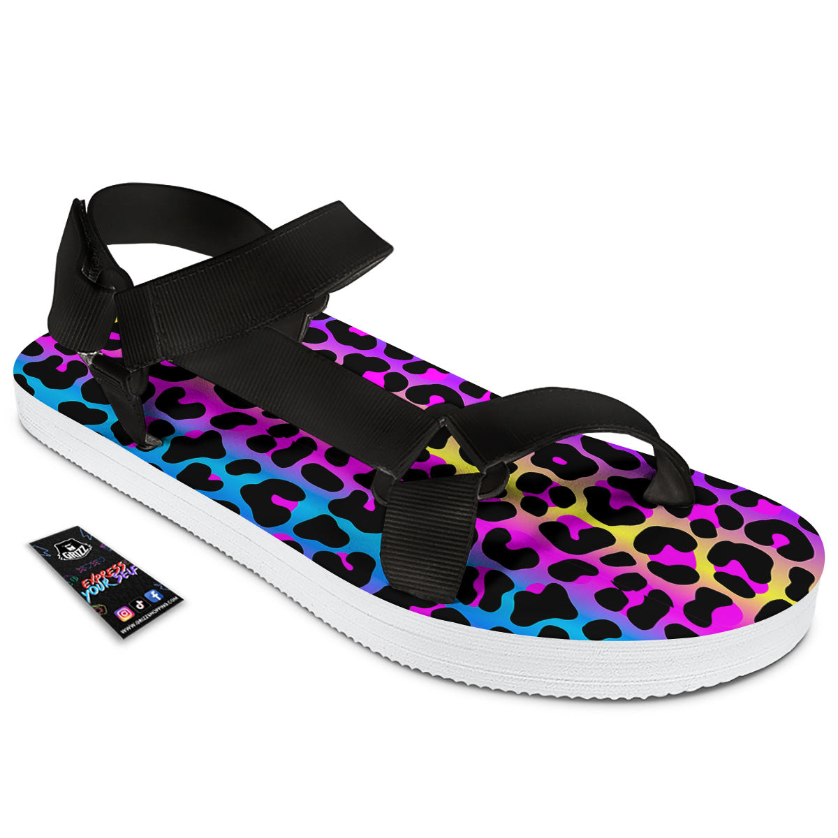 Leopard Rainbow Print Pattern Black Open Toe Sandals-grizzshop