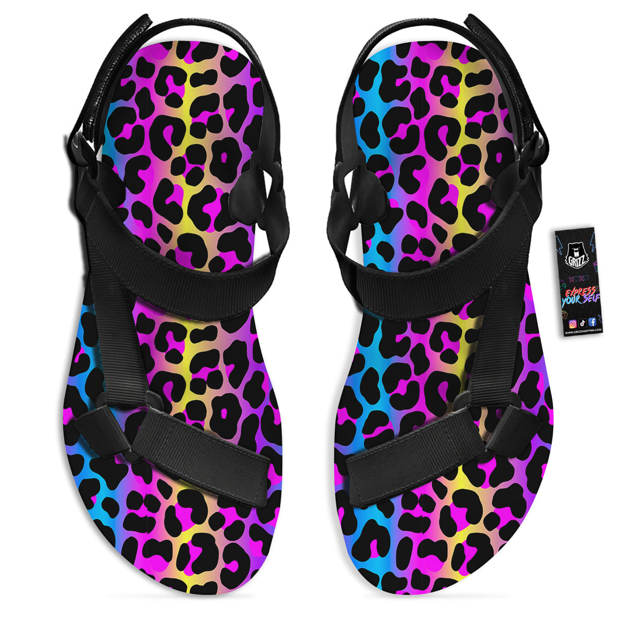 Leopard Rainbow Print Pattern Black Open Toe Sandals-grizzshop