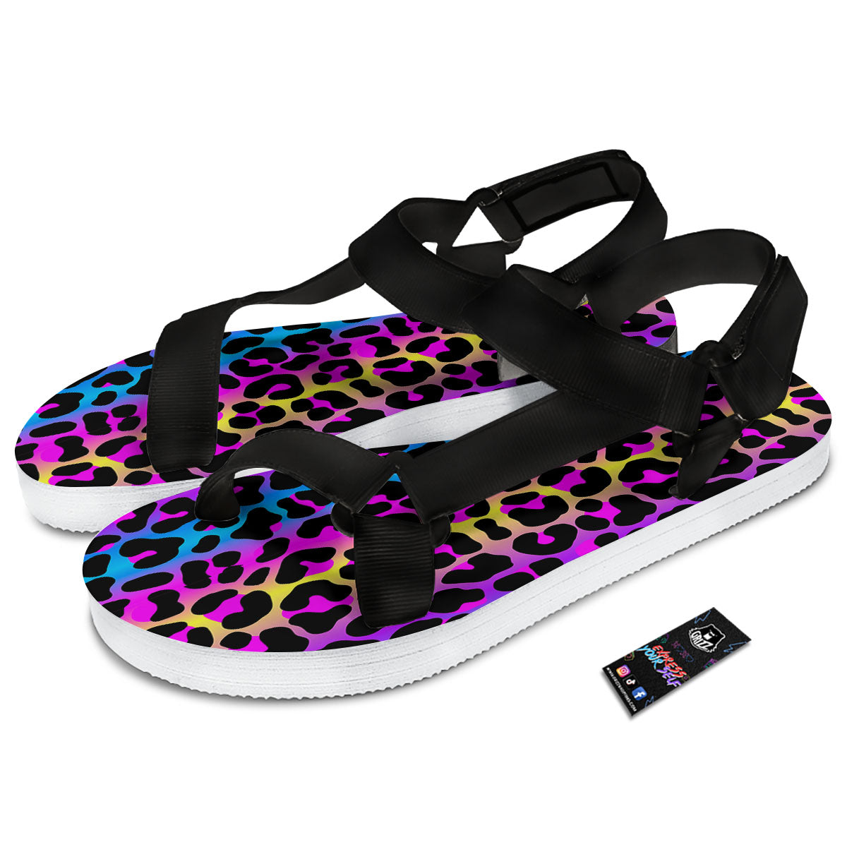 Leopard Rainbow Print Pattern Black Open Toe Sandals-grizzshop