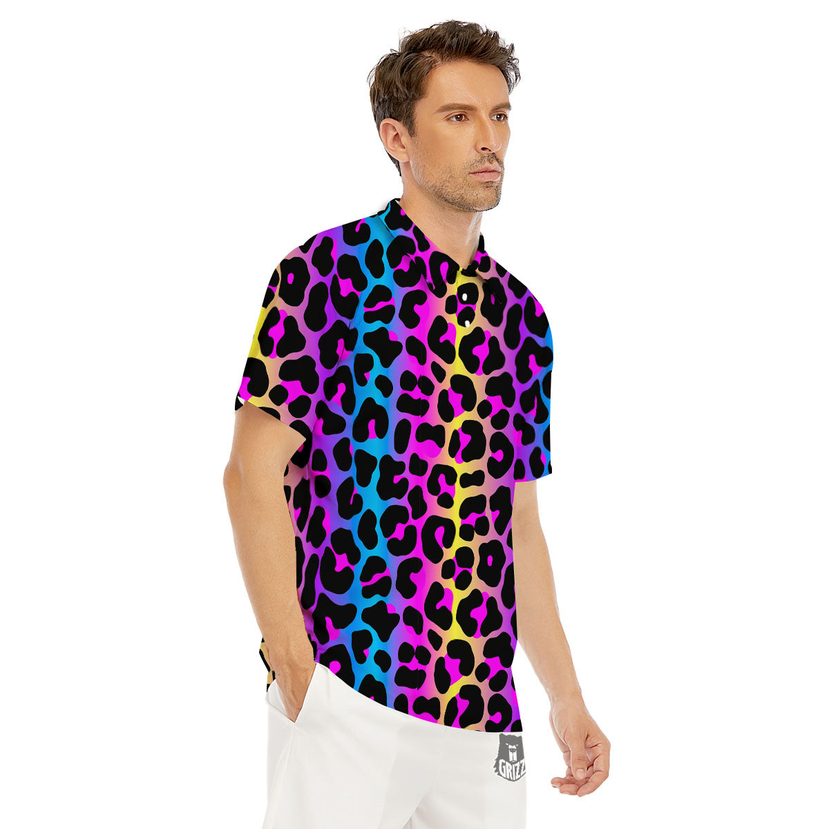Leopard Rainbow Print Pattern Men's Golf Shirts-grizzshop