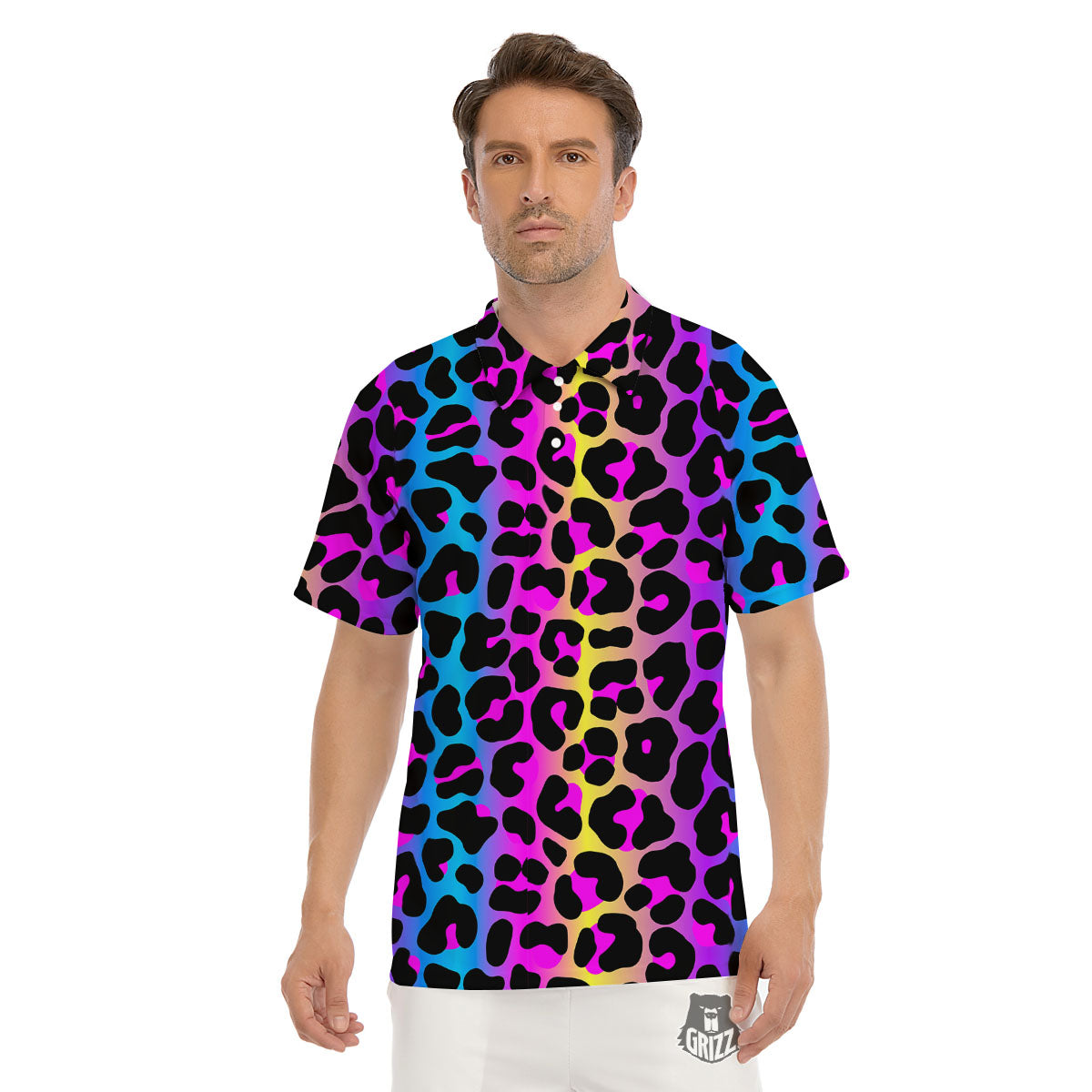 Leopard Rainbow Print Pattern Men's Golf Shirts-grizzshop