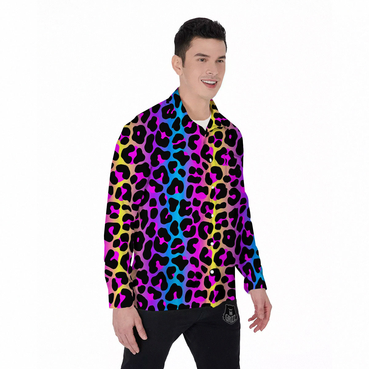 Leopard Rainbow Print Pattern Men's Long Sleeve Shirts-grizzshop