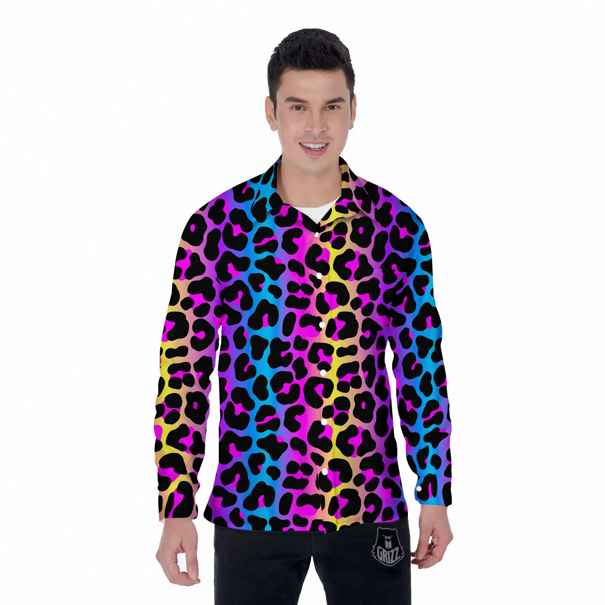 Leopard Rainbow Print Pattern Men's Long Sleeve Shirts-grizzshop