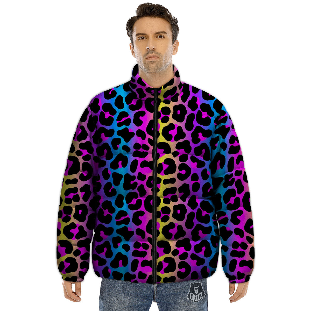 Leopard Rainbow Print Pattern Puffer Jacket-grizzshop