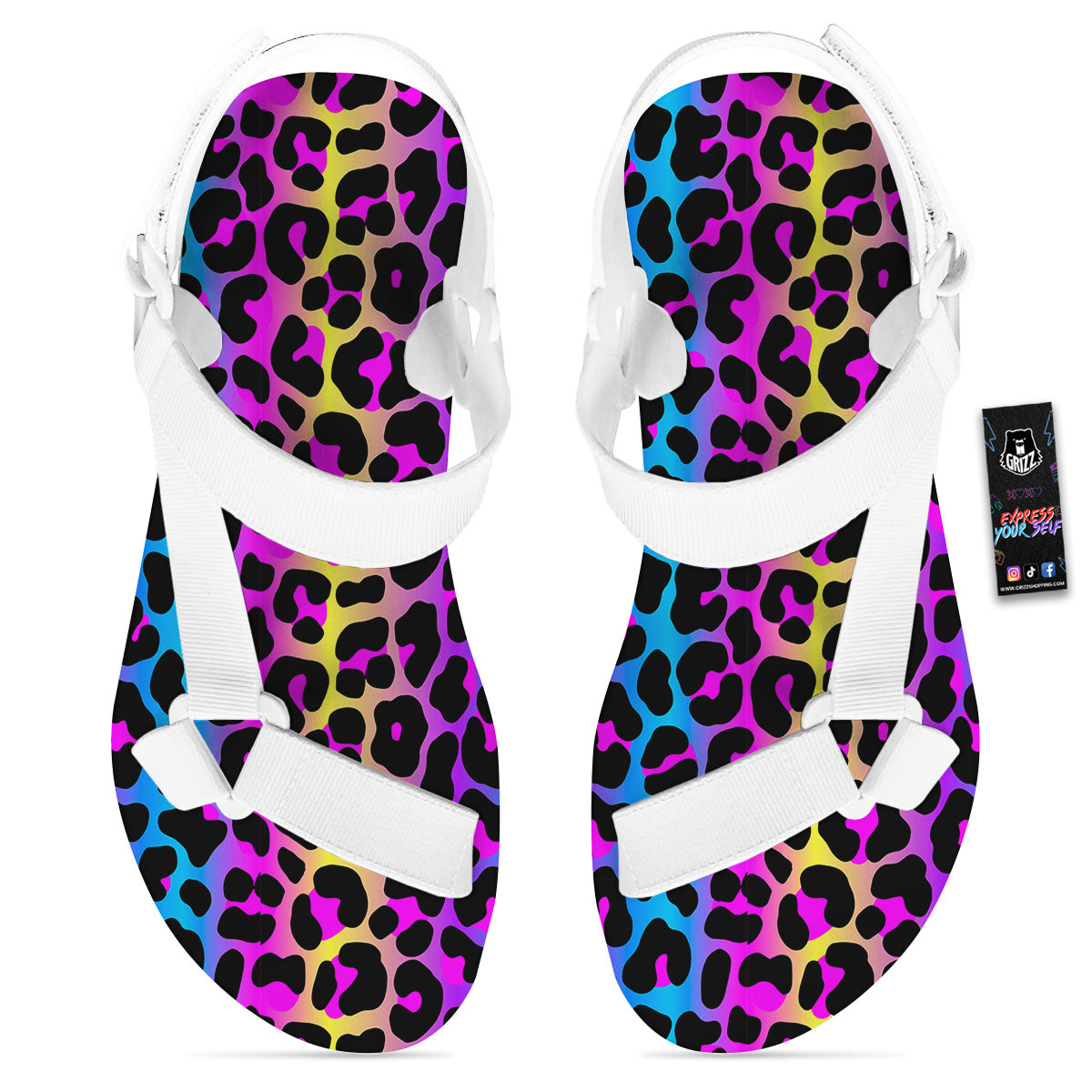 Leopard Rainbow Print Pattern White Open Toe Sandals-grizzshop
