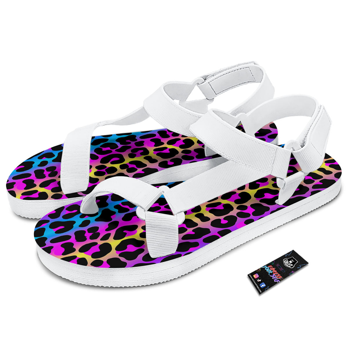 Leopard Rainbow Print Pattern White Open Toe Sandals-grizzshop