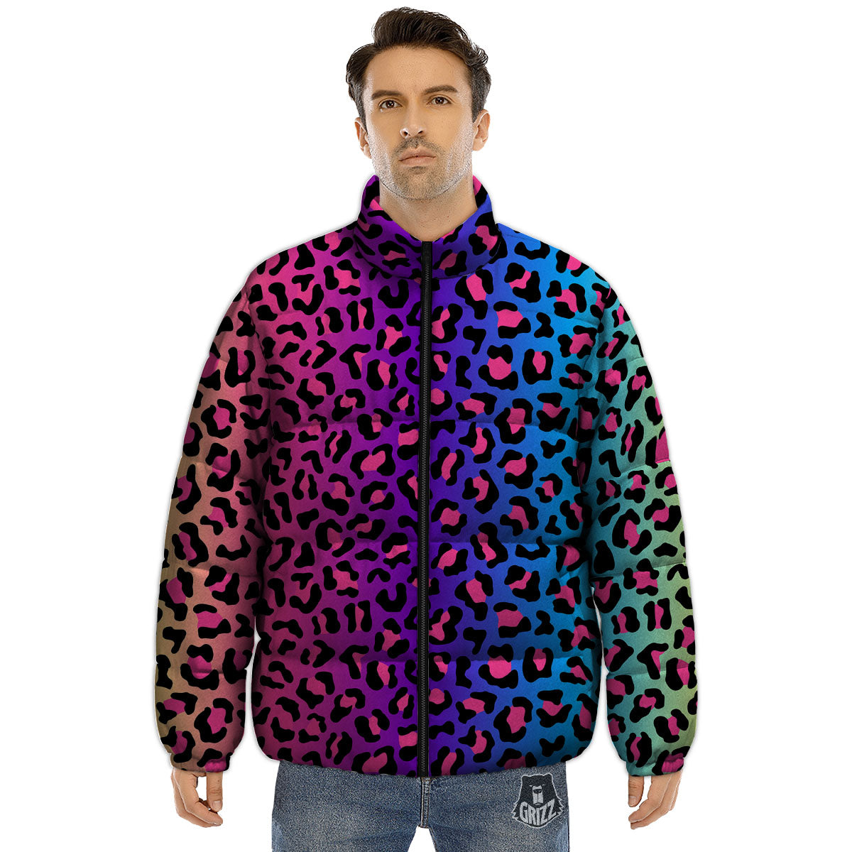 Leopard Rainbow Print Puffer Jacket-grizzshop