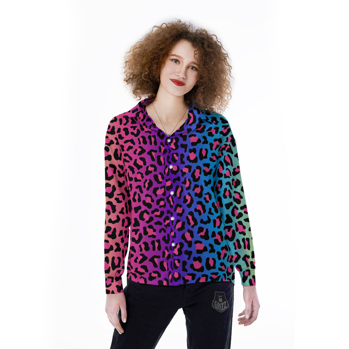 Leopard Rainbow Print Women's Long Sleeve Shirts-grizzshop
