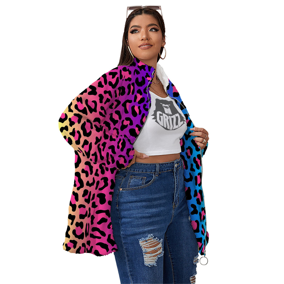 Leopard Rainbow Print Women's Sherpa Jacket-grizzshop