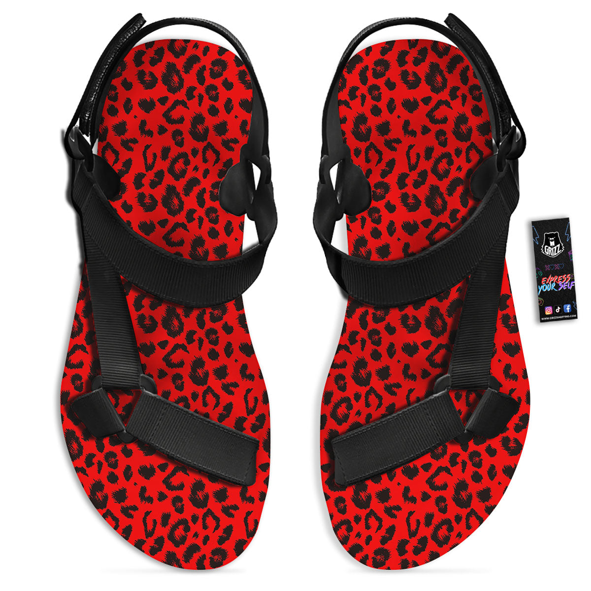 Leopard Red Print Pattern Black Open Toe Sandals-grizzshop