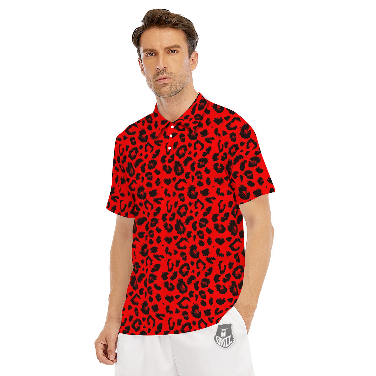Leopard Red Print Pattern Men's Golf Shirts-grizzshop