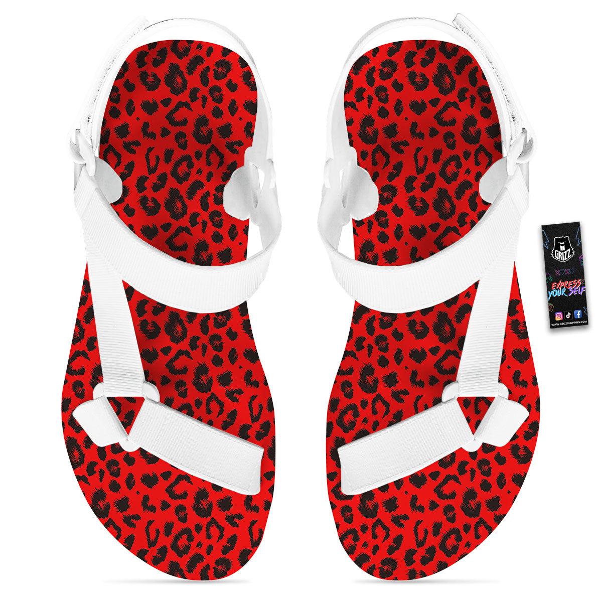 Leopard Red Print Pattern White Open Toe Sandals-grizzshop