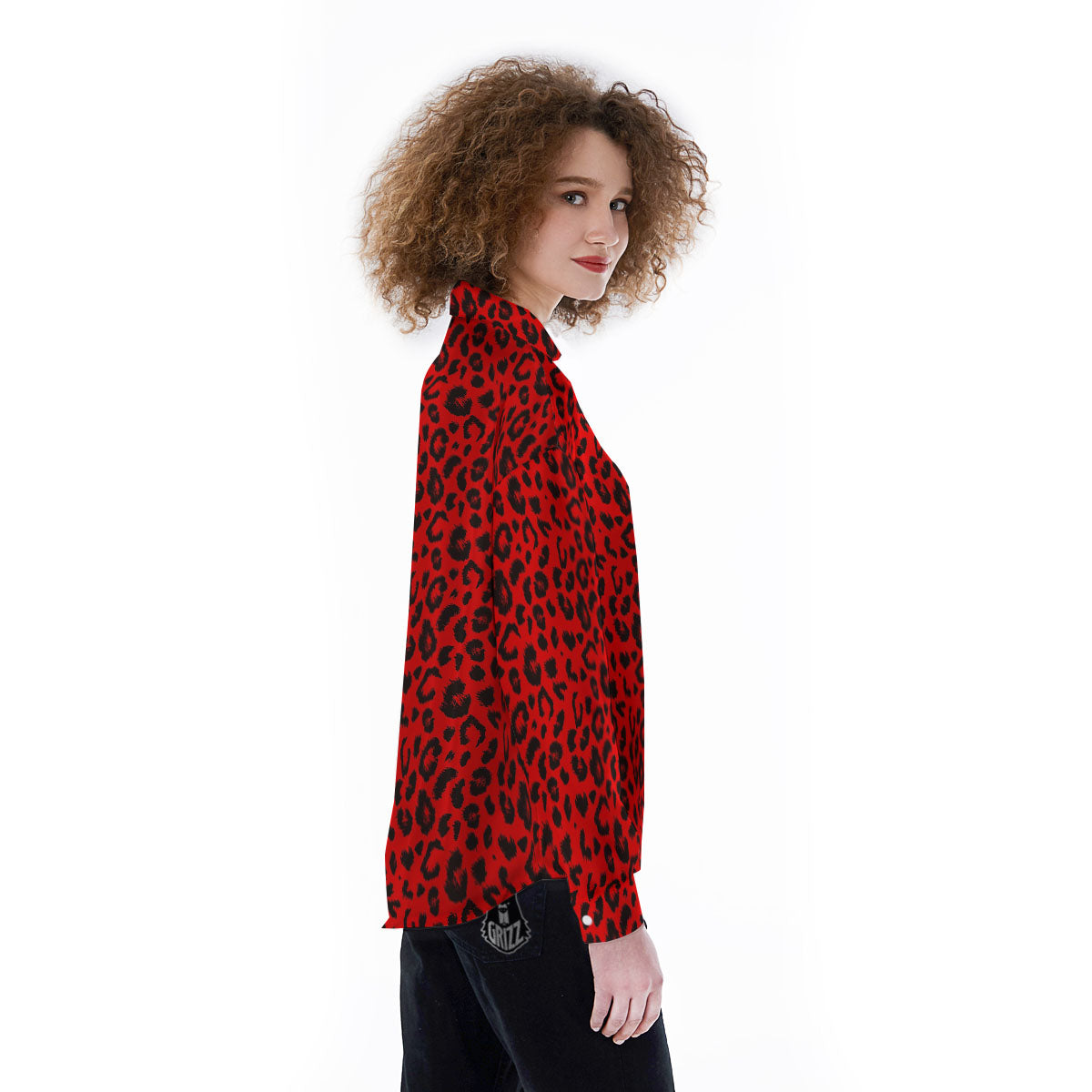Leopard Red Print Pattern Women's Long Sleeve Shirts-grizzshop