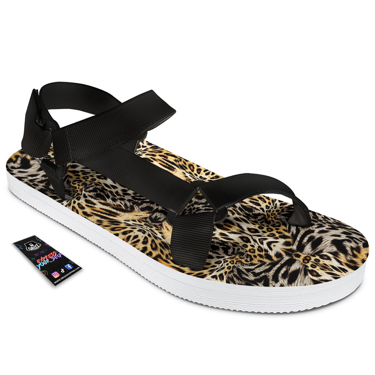Leopard Skin Texture Print Pattern Black Open Toe Sandals-grizzshop