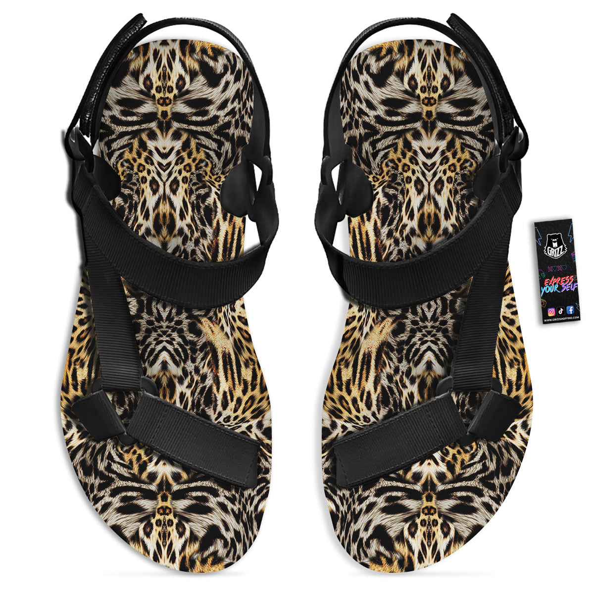Leopard Skin Texture Print Pattern Black Open Toe Sandals-grizzshop