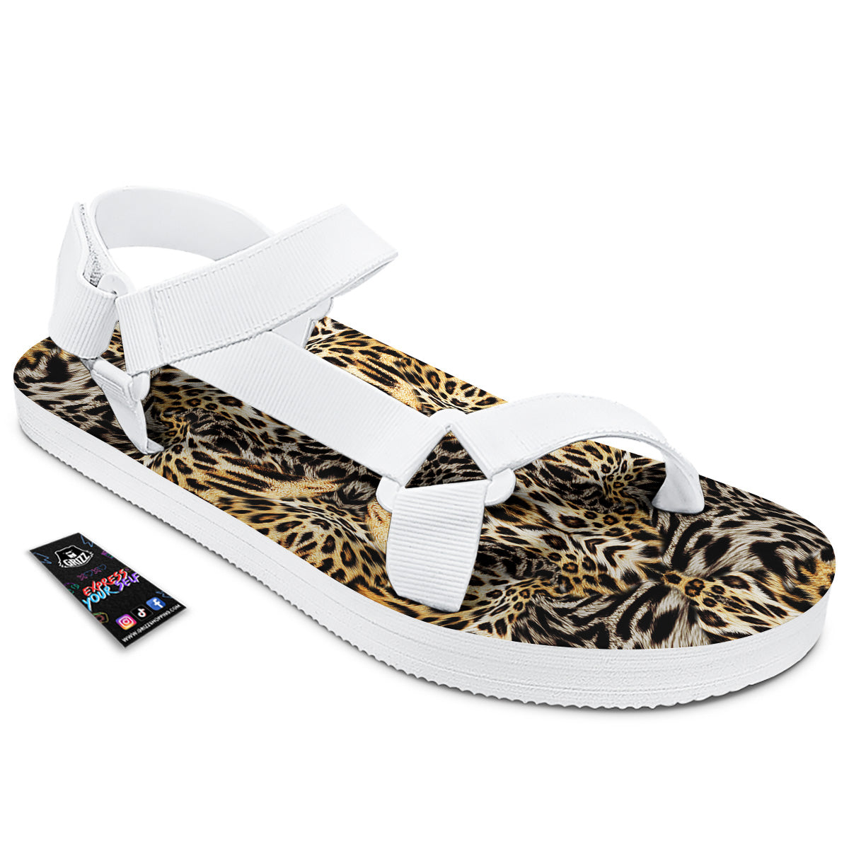 Leopard Skin Texture Print Pattern White Open Toe Sandals-grizzshop