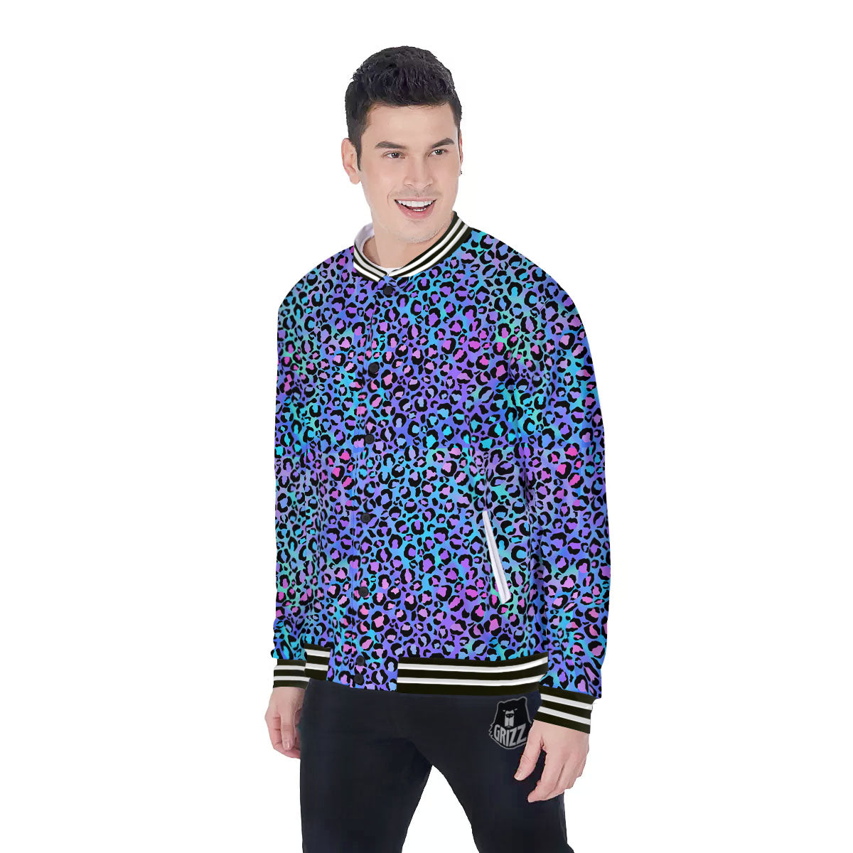 Leopard Teal And Purple Print Pattern Baseball Jacket-grizzshop