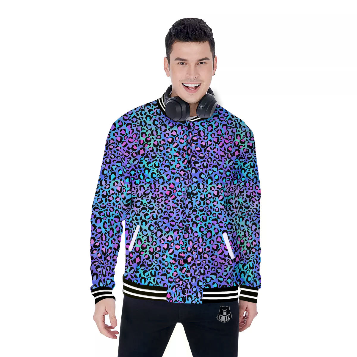 Leopard Teal And Purple Print Pattern Baseball Jacket-grizzshop