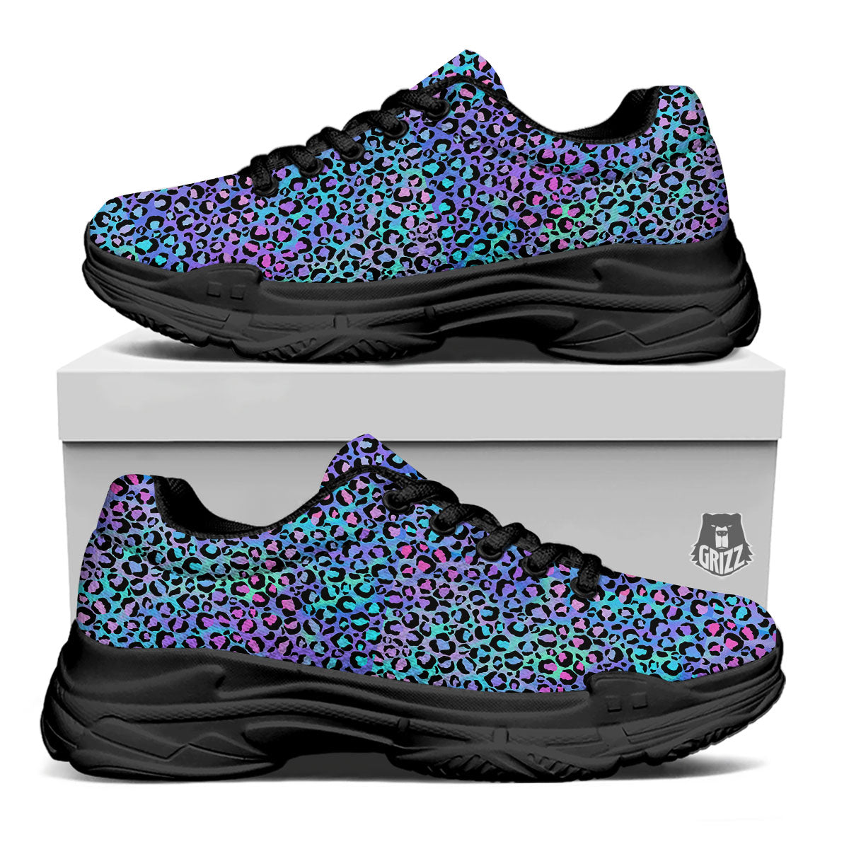 Leopard Teal And Purple Print Pattern Black Chunky Shoes-grizzshop