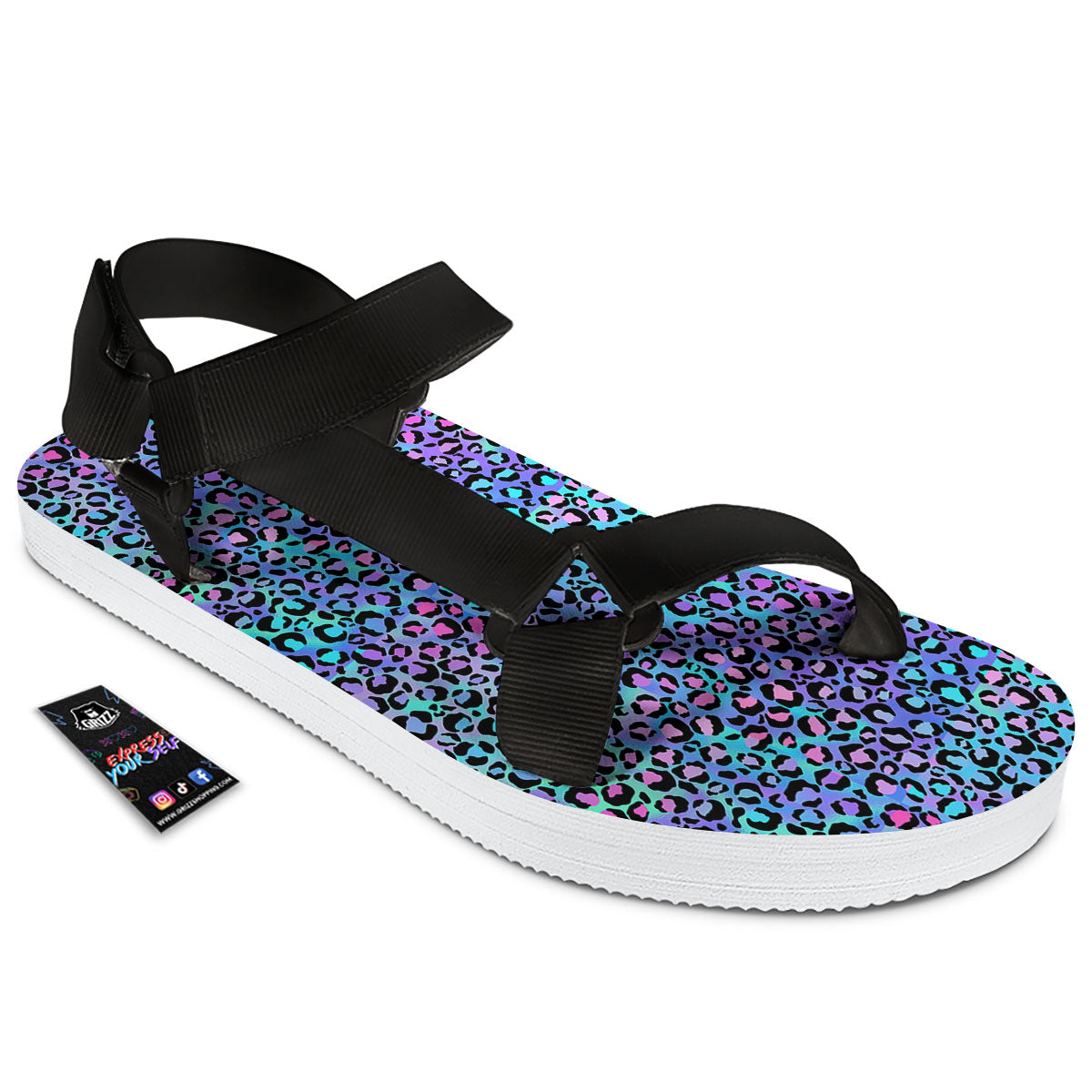 Leopard Teal And Purple Print Pattern Black Open Toe Sandals-grizzshop