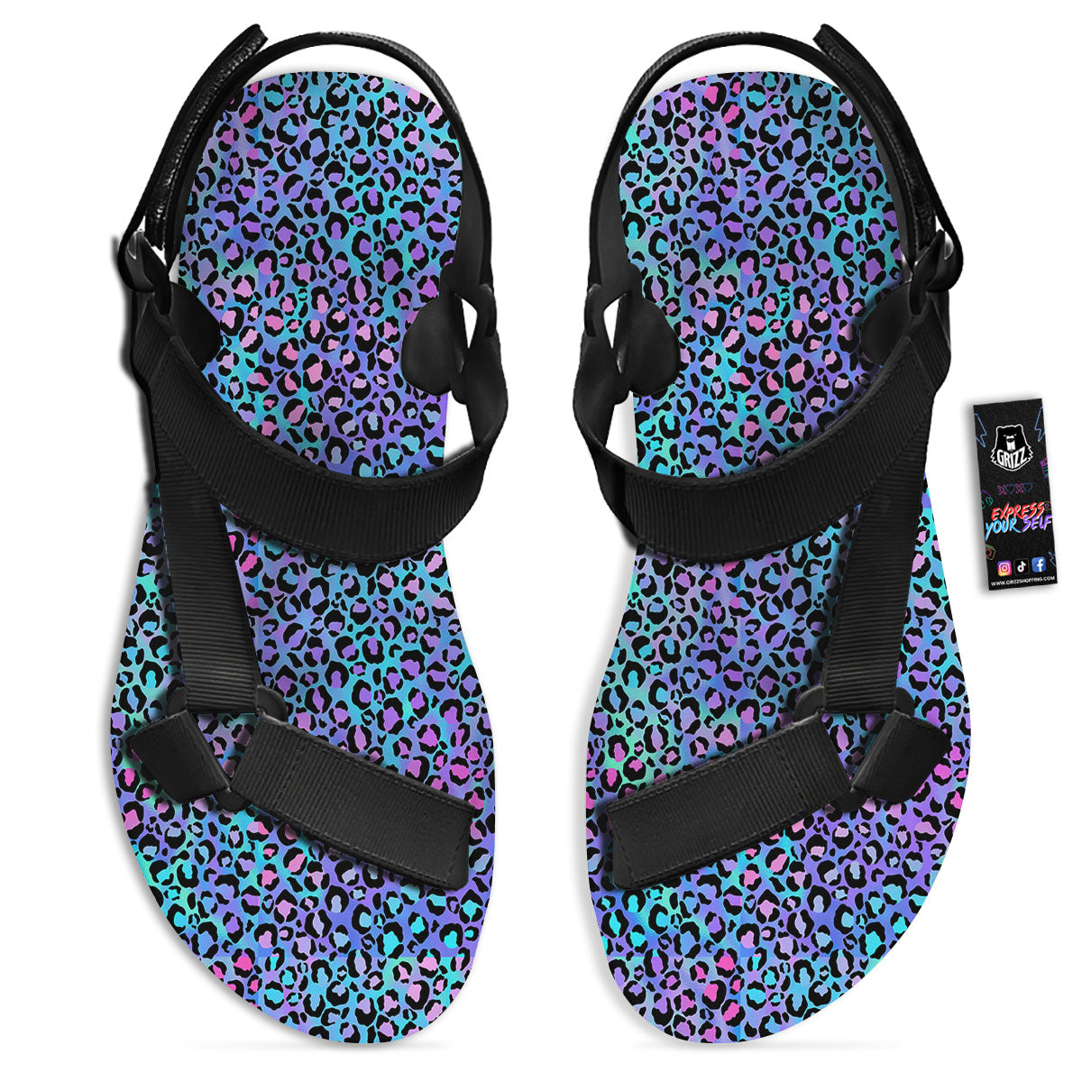 Leopard Teal And Purple Print Pattern Black Open Toe Sandals-grizzshop