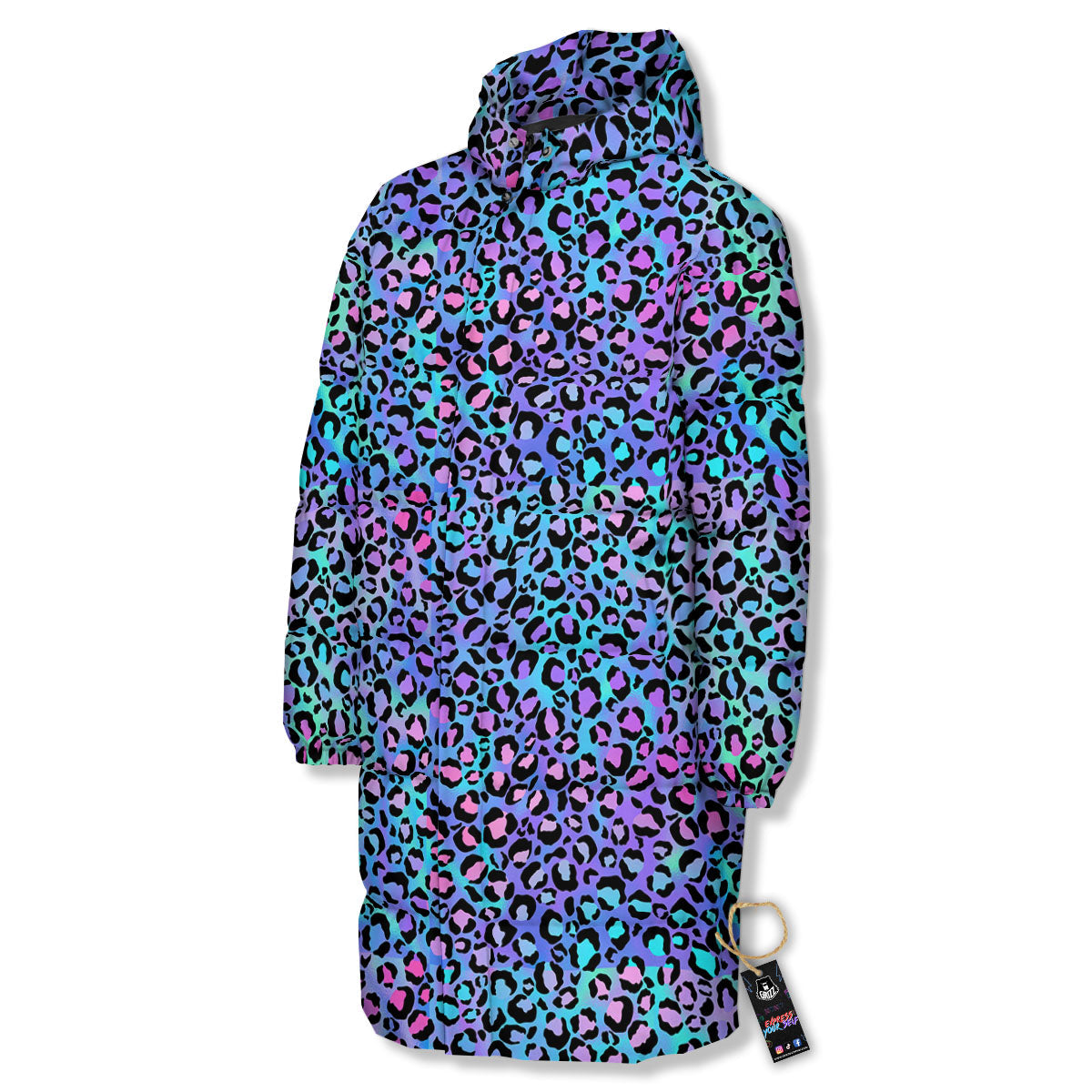 Leopard Teal And Purple Print Pattern Long Down Jacket-grizzshop