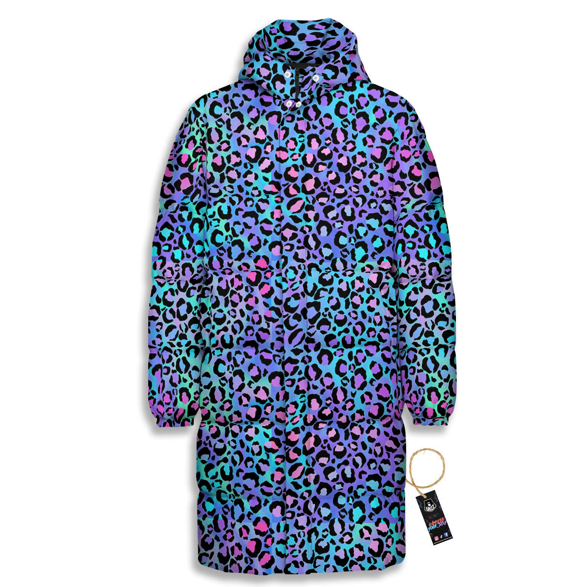 Leopard Teal And Purple Print Pattern Long Down Jacket-grizzshop