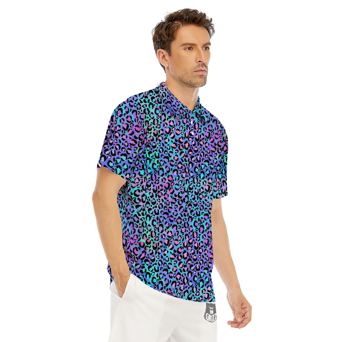 Leopard Teal And Purple Print Pattern Men's Golf Shirts-grizzshop