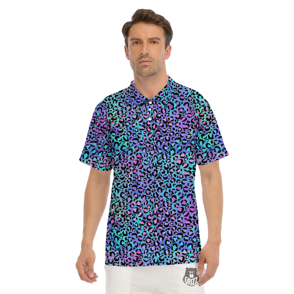 Leopard Teal And Purple Print Pattern Men's Golf Shirts-grizzshop