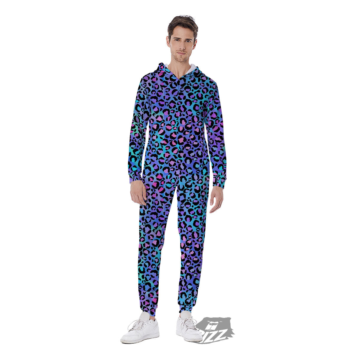 Leopard Teal And Purple Print Pattern Men's Jumpsuit-grizzshop