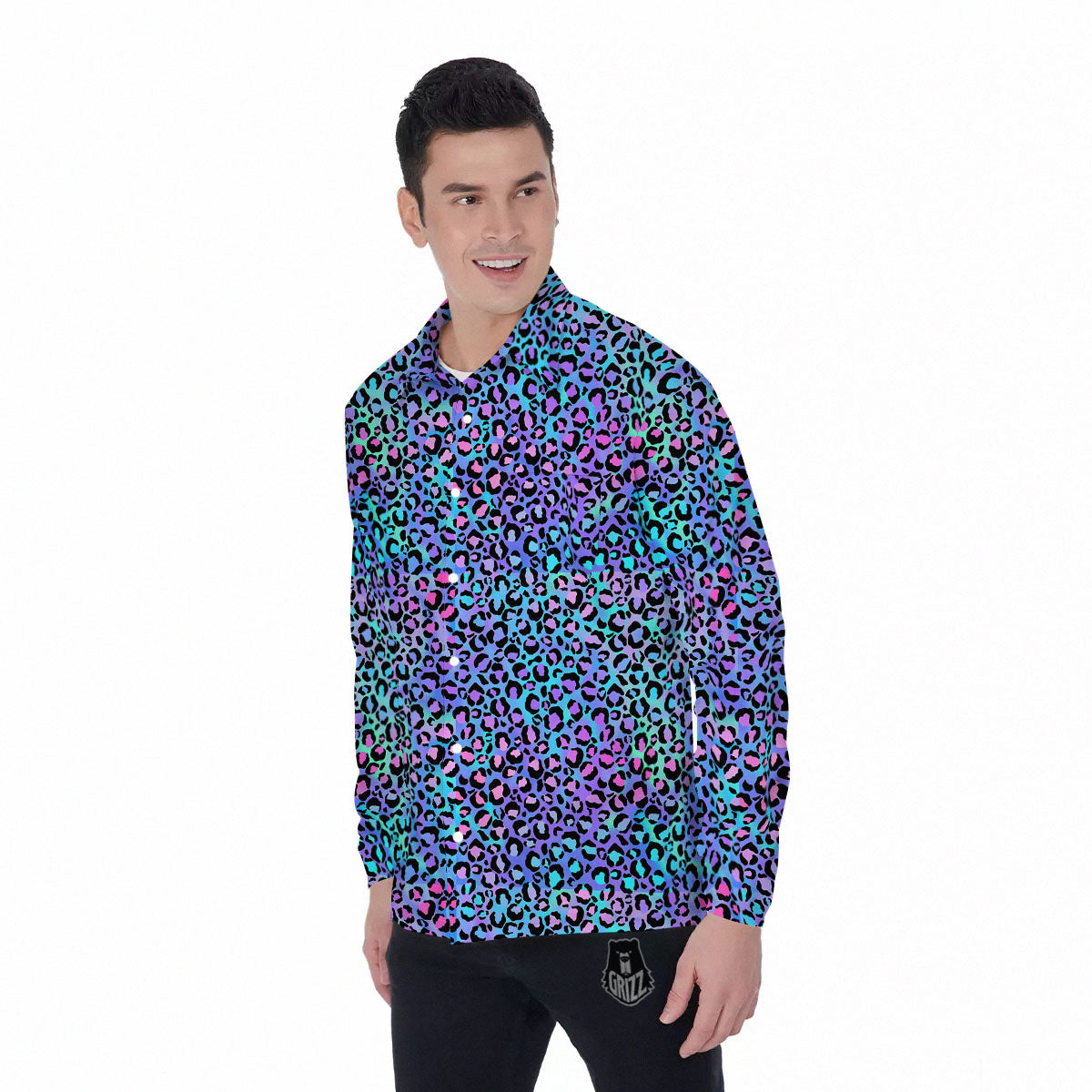 Leopard Teal And Purple Print Pattern Men's Long Sleeve Shirts-grizzshop