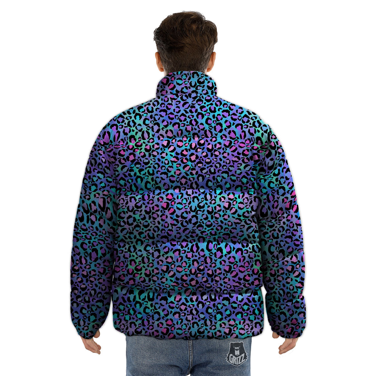 Leopard Teal And Purple Print Pattern Puffer Jacket-grizzshop