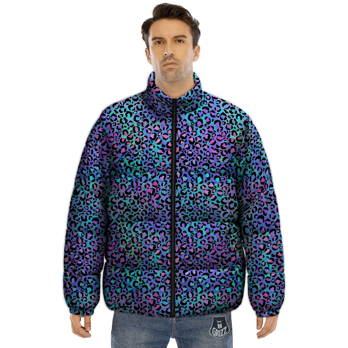 Leopard Teal And Purple Print Pattern Puffer Jacket-grizzshop