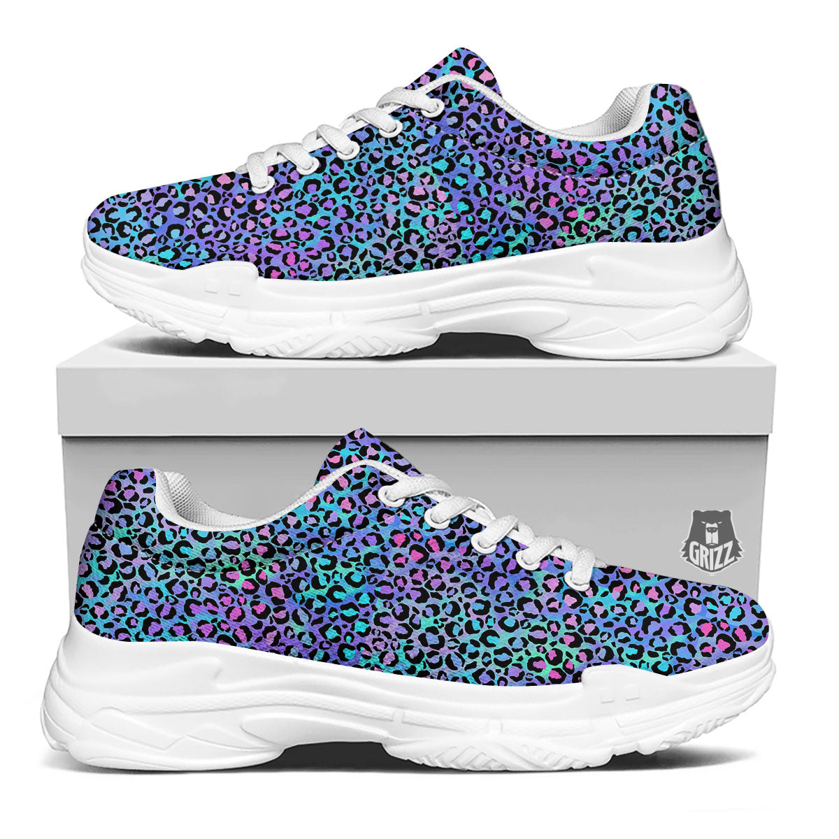 Leopard Teal And Purple Print Pattern White Chunky Shoes-grizzshop