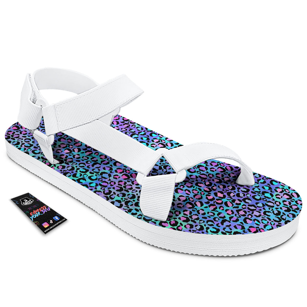 Leopard Teal And Purple Print Pattern White Open Toe Sandals-grizzshop