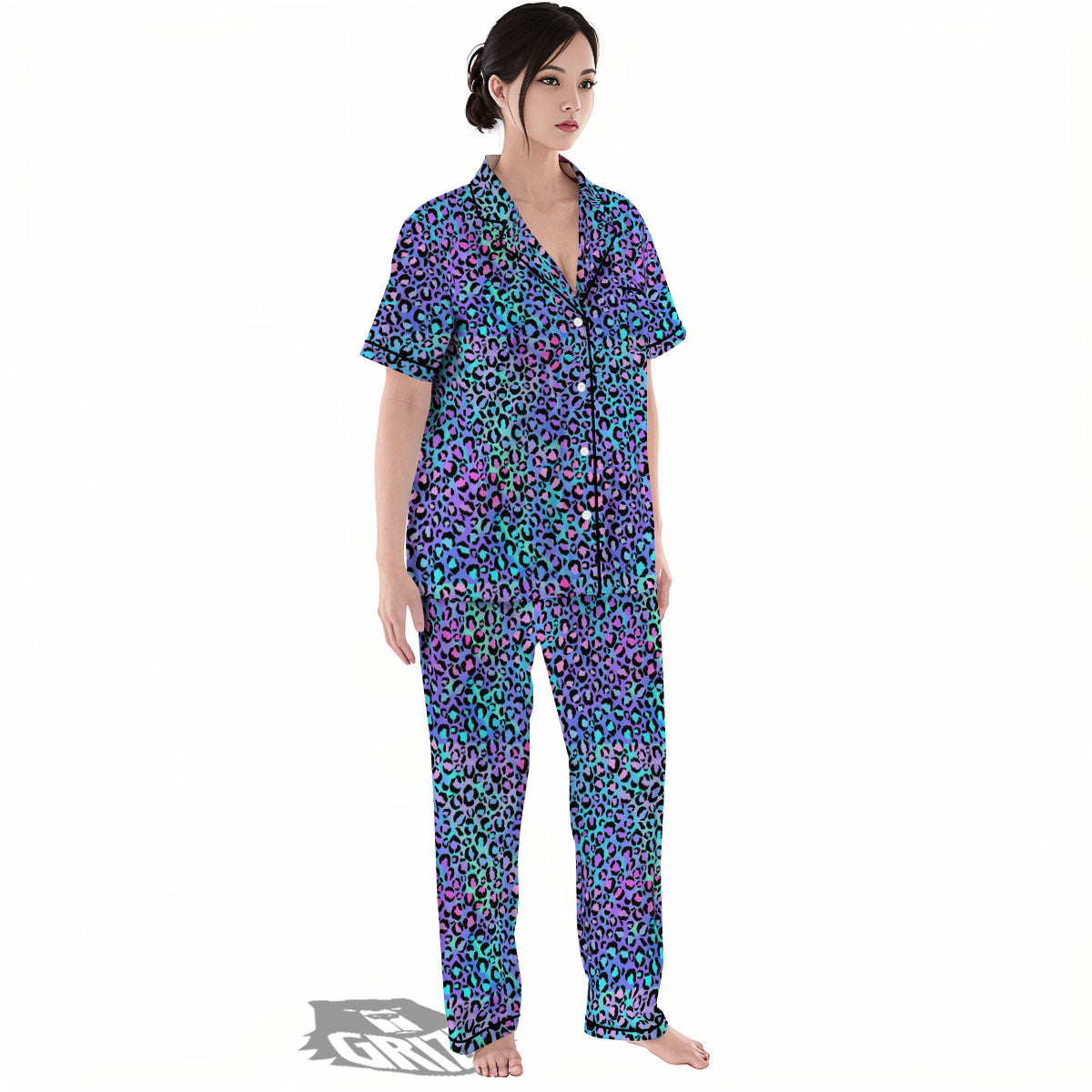 Leopard Teal And Purple Print Pattern Women's Pajamas Set-grizzshop