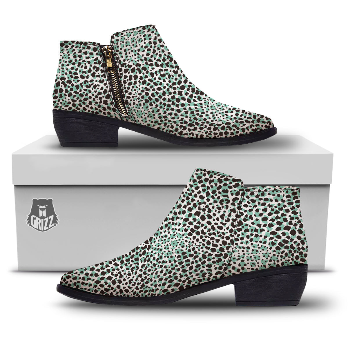 Leopard Teal And White Print Pattern Ankle Boots-grizzshop