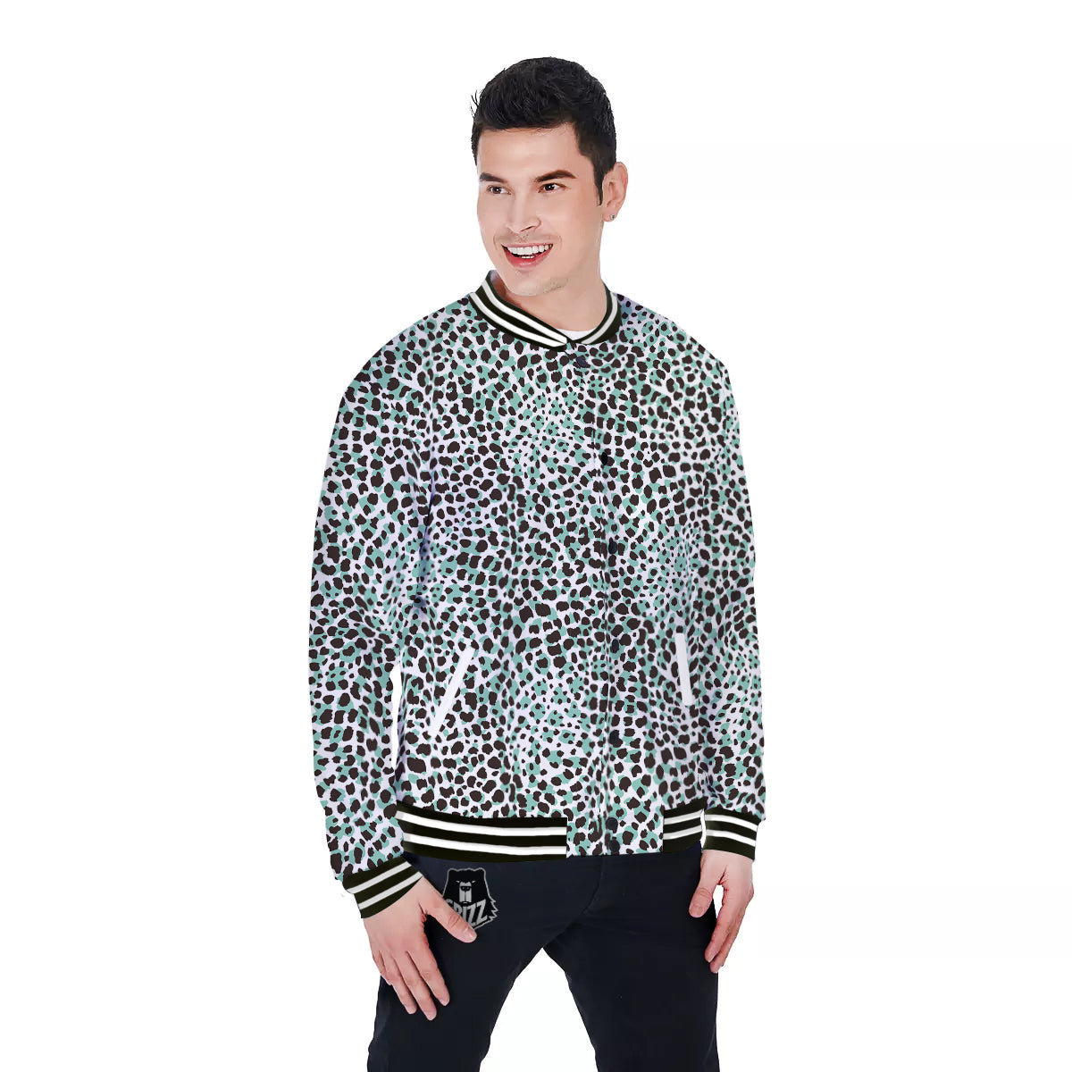 Leopard Teal And White Print Pattern Baseball Jacket-grizzshop