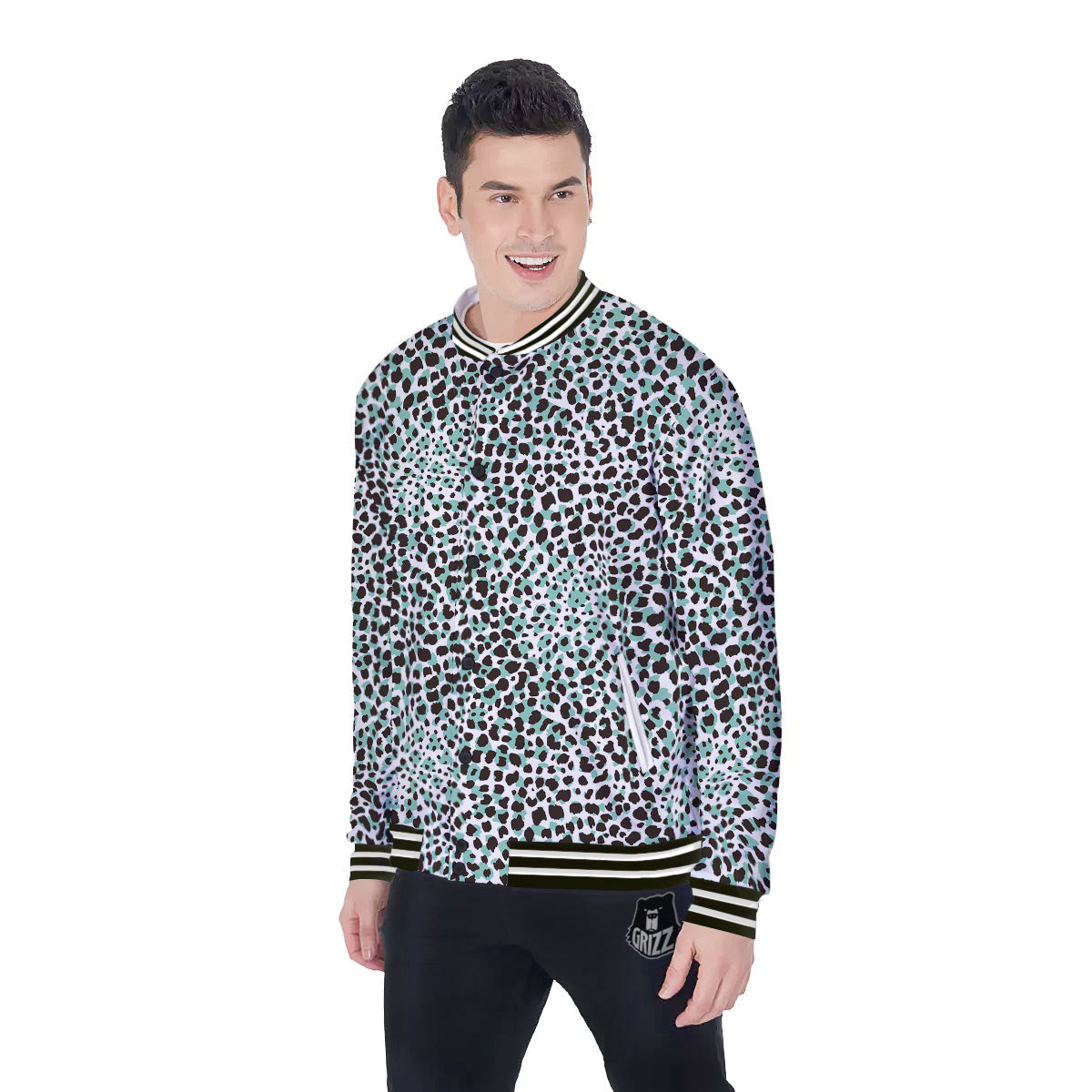 Leopard Teal And White Print Pattern Baseball Jacket-grizzshop