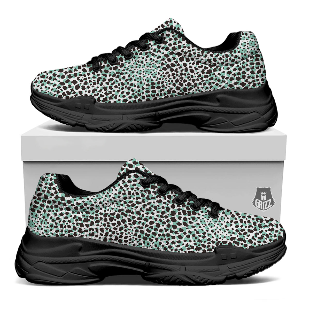 Leopard Teal And White Print Pattern Black Chunky Shoes-grizzshop