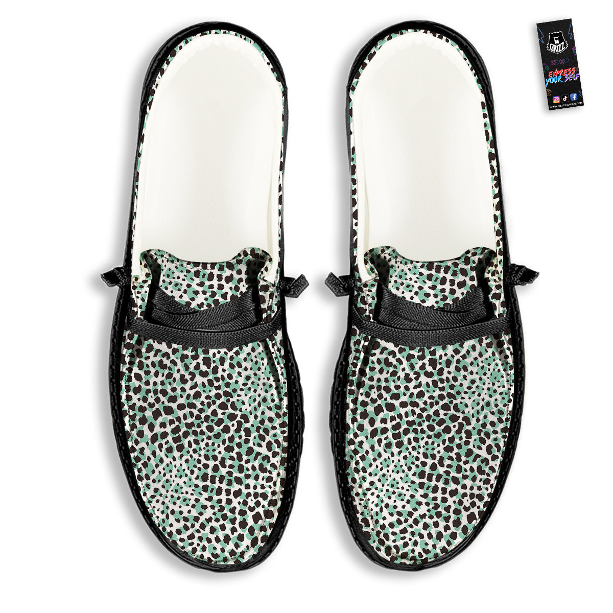 Leopard Teal And White Print Pattern Black Loafers-grizzshop