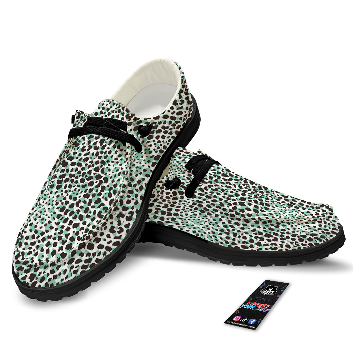 Leopard Teal And White Print Pattern Black Loafers-grizzshop
