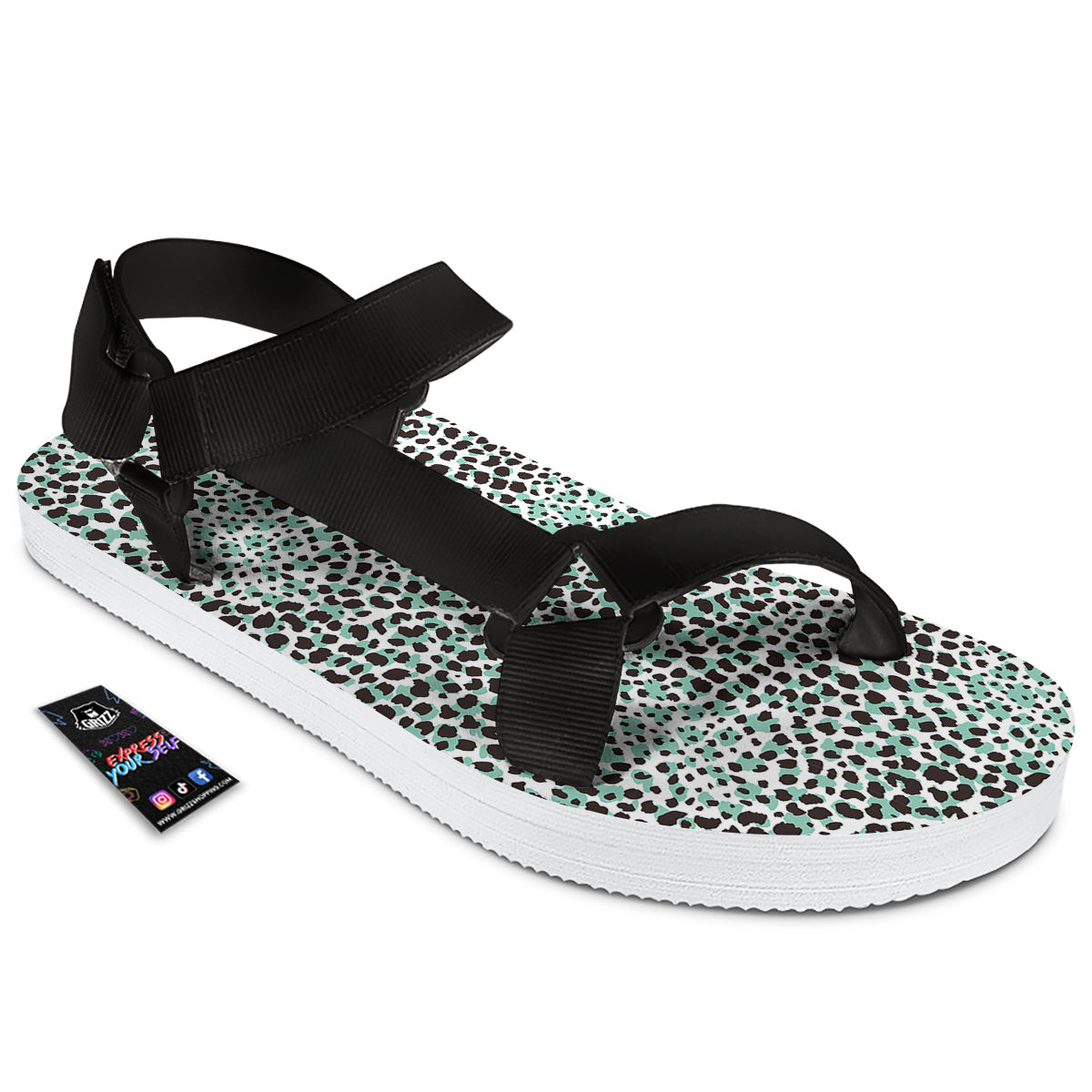 Leopard Teal And White Print Pattern Black Open Toe Sandals-grizzshop