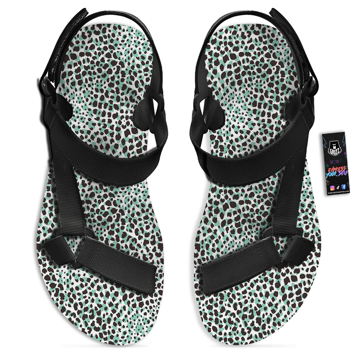 Leopard Teal And White Print Pattern Black Open Toe Sandals-grizzshop