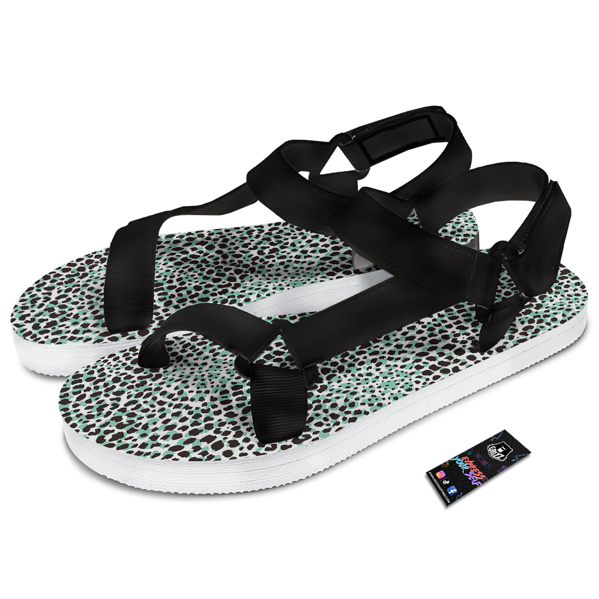 Leopard Teal And White Print Pattern Black Open Toe Sandals-grizzshop