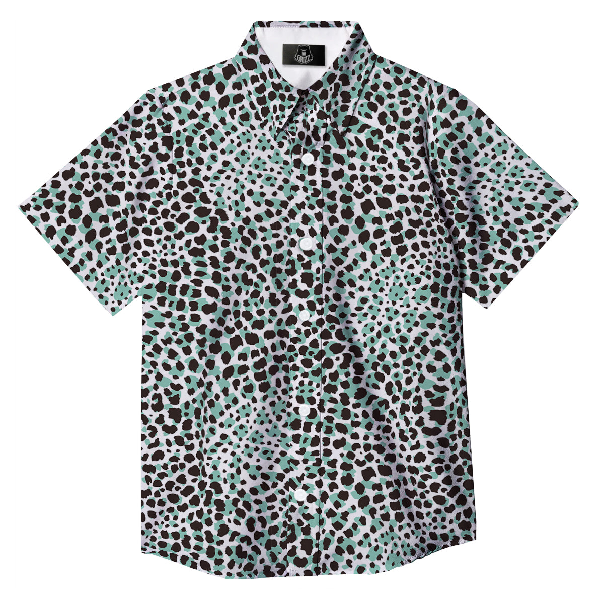 Leopard Teal And White Print Pattern Button Up Shirt-grizzshop