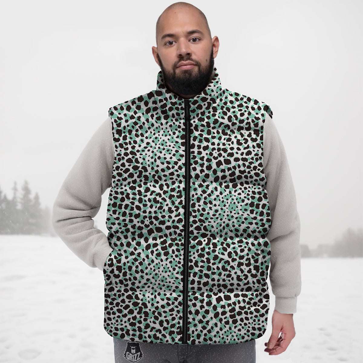 Leopard Teal And White Print Pattern Down Vest