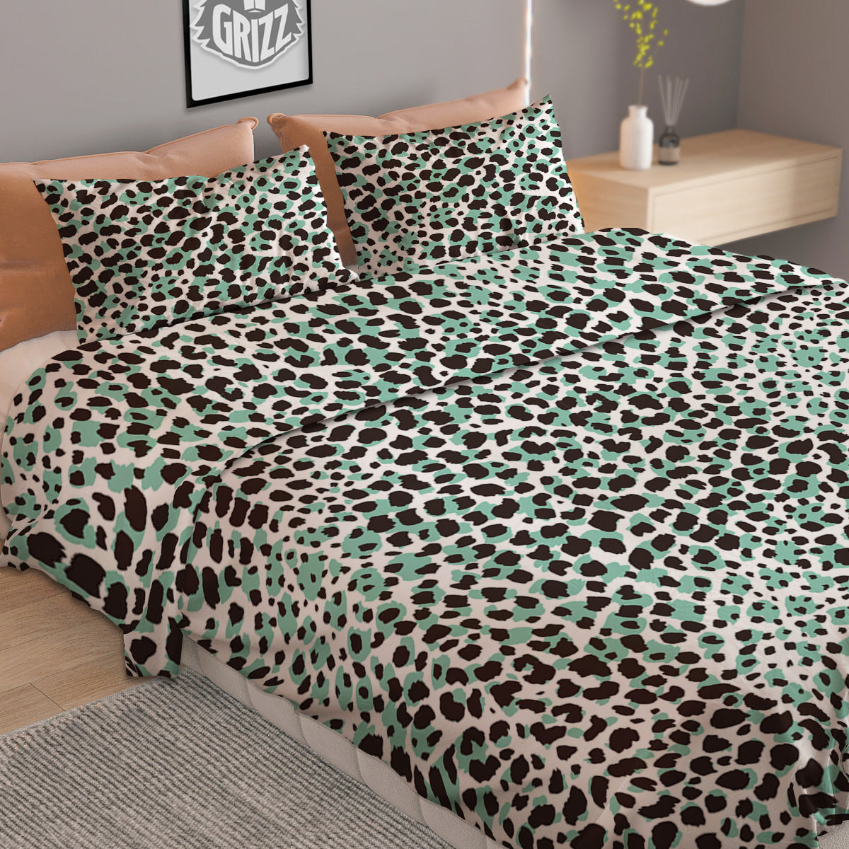 Leopard Teal And White Print Pattern Duvet Cover Bedding Set