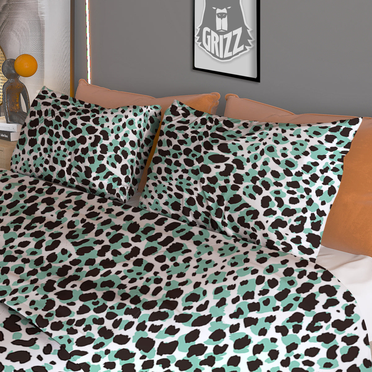 Leopard Teal And White Print Pattern Duvet Cover Bedding Set